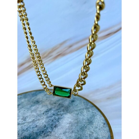 Lee Emerald Green Gold-Tone Stainless Steel Chain Link Necklace - Picture 1 of 2